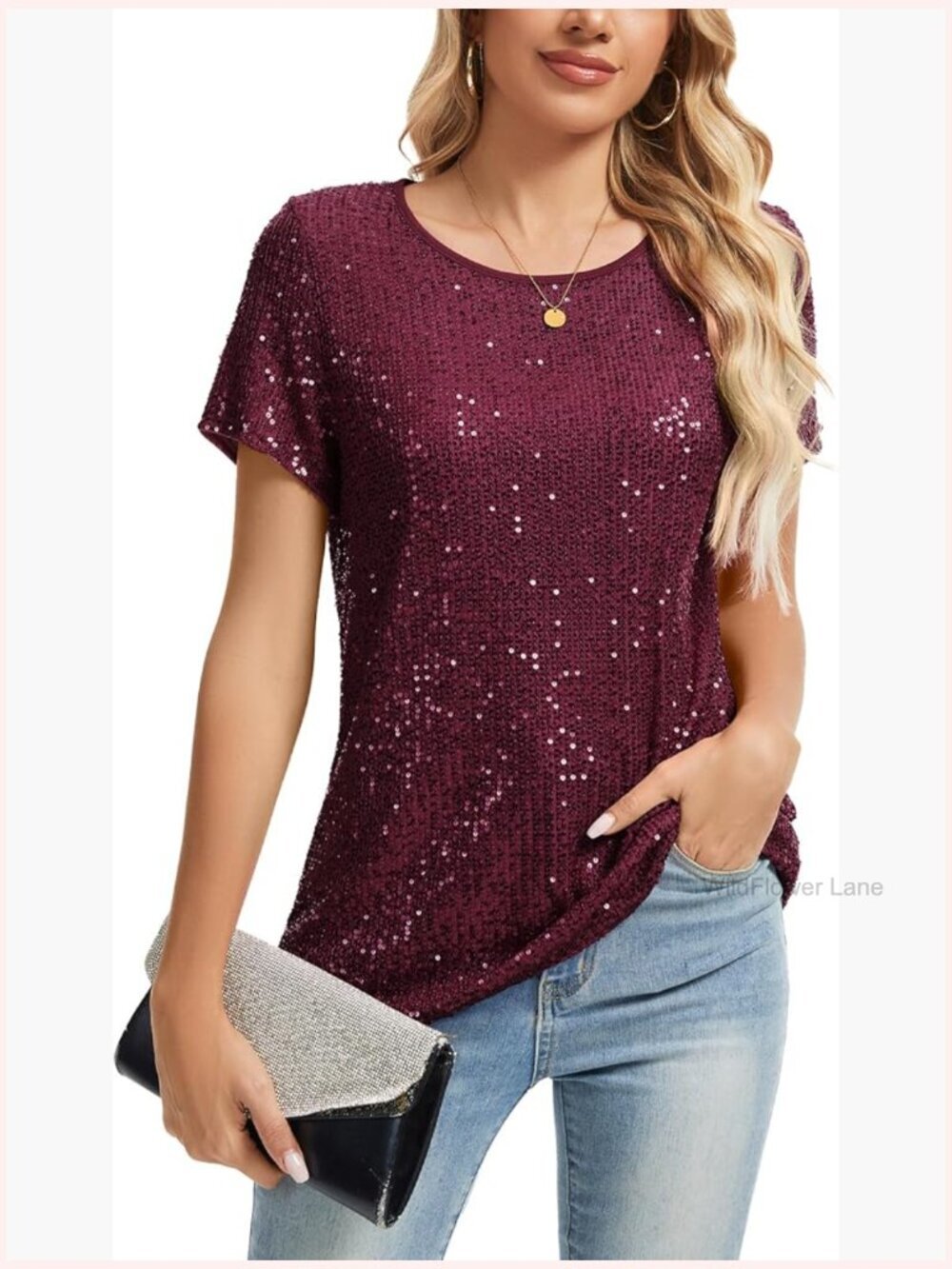 Sequin Sparkle Glitter Short Sleeve Crew Neck Party T-Shirt